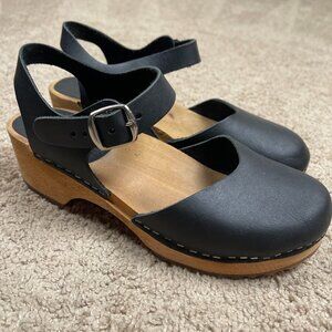 MIA x Free People Freja Black Leather Swedish Wooden Clogs Womens 39 Scandi Boho
